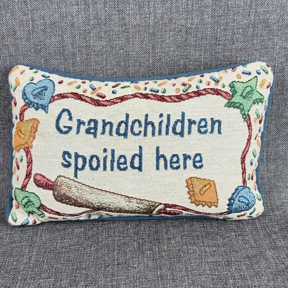 Grandchildren Spoiled Here Tapestry Accent Pillow Blue Kitchen Decor